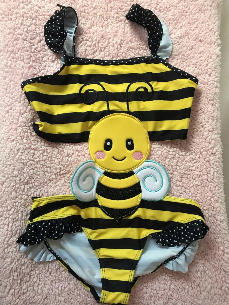 Maillot de Bain Bébé Fille Une Pièce Abeille + Bonnet - Ensemble 2 Pièces
