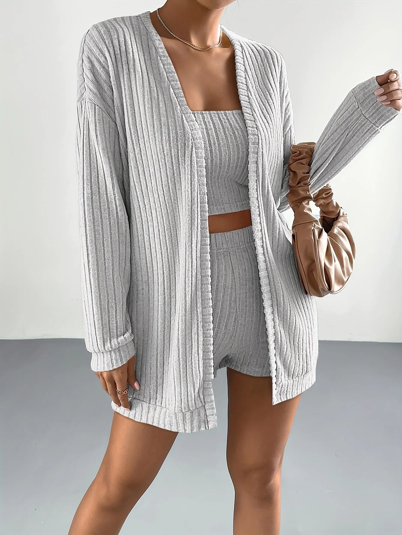 Ensemble 3 Pièces Côtelé Femme - Top Tube + Short + Cardigan Manches Longues