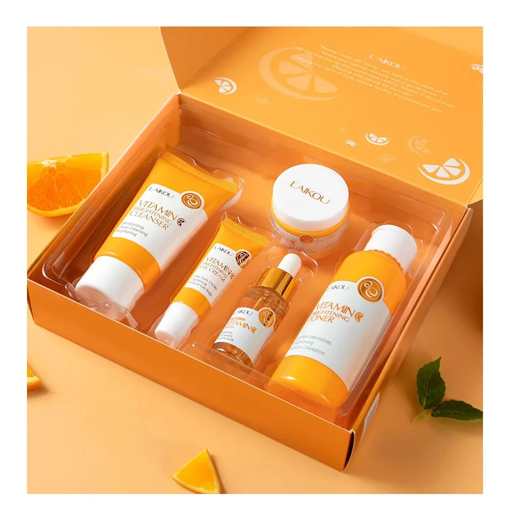 Set Soin Visage Vitamine C 5pcs - Nettoyant Tonique Sérum Yeux Crème Antioxydant Naturel Unifie Teint