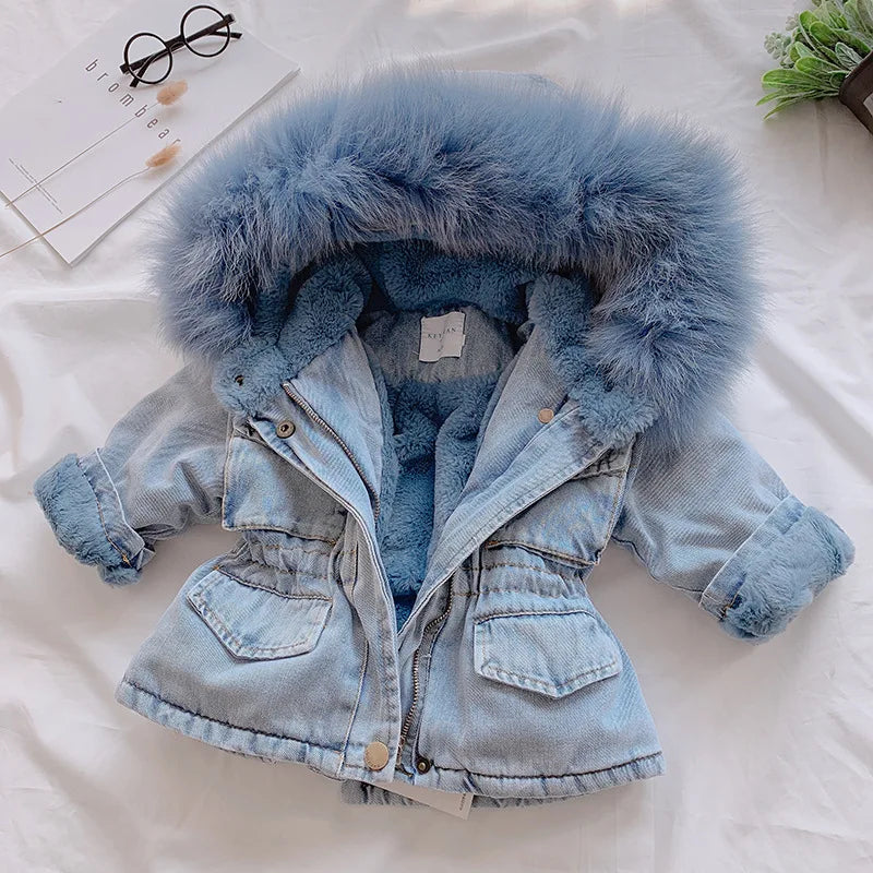 Veste en jean fille hiver - Denim avec capuche fourrée