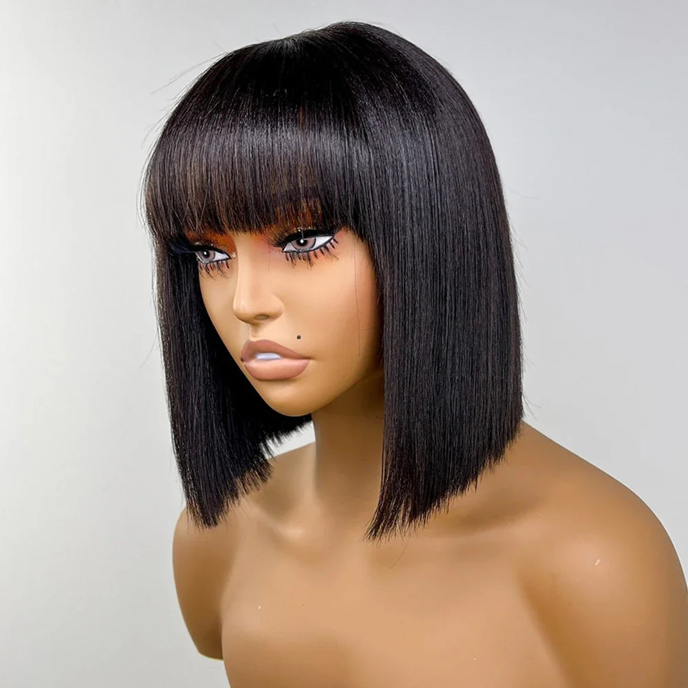 Perruque Cheveux Humains Péruviens Bob Lisse Frange - Sans Lace Naturelle Courte Femme Noire