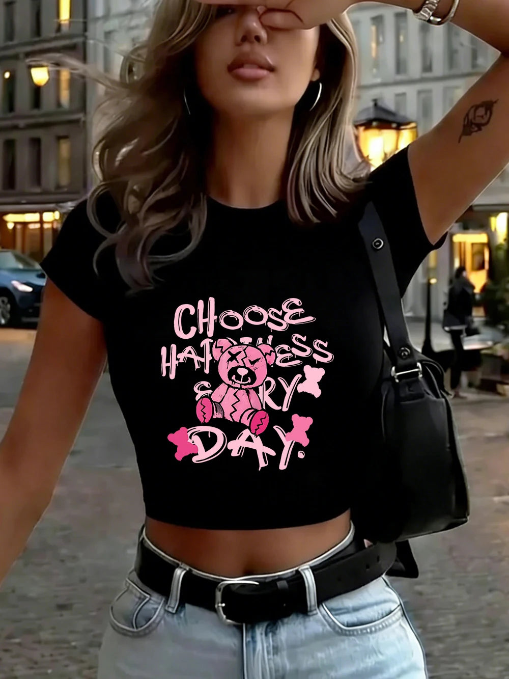 Top Crop Femme Ours Cassé Imprimé - T-Shirt Élastique Doux Col Rond Été