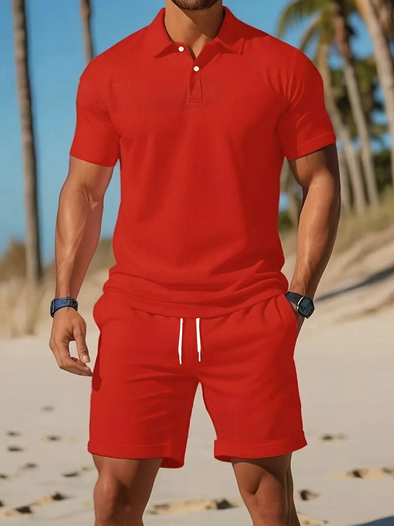 Ensemble Homme 2 Pièces Grande Taille - Polo Manches Courtes à Boutons & Short Mesh Respirant Été Casual