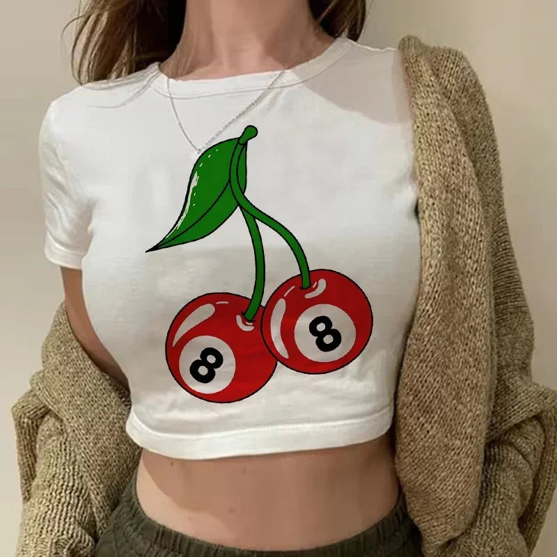 Top Crop Femme Strawberry Cherry - T-Shirt Gothic Harajuku 90s Streetwear Été