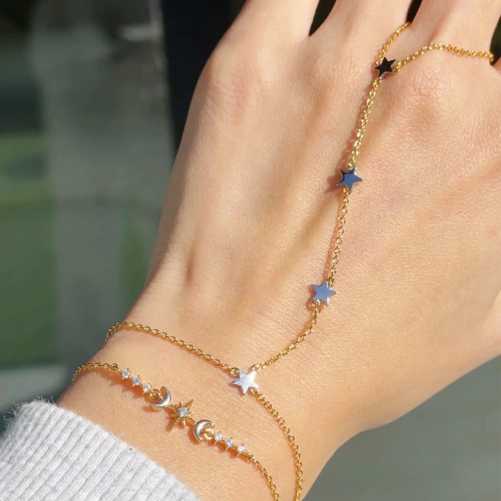 Bracelet Bague Chaîne Main Acier Inoxydable Waterproof - Bijou Main Connecté Femme Cadeau Fête des Mères