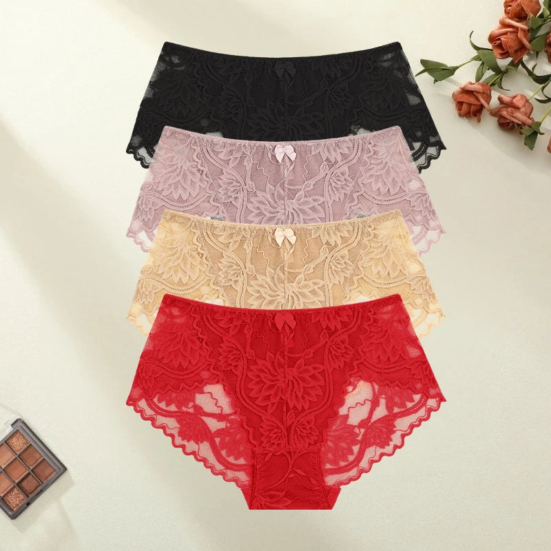 Lot 4 Culottes Femme Dentelle Sexy - String Taille Basse Broderie Florale Respirant Confort