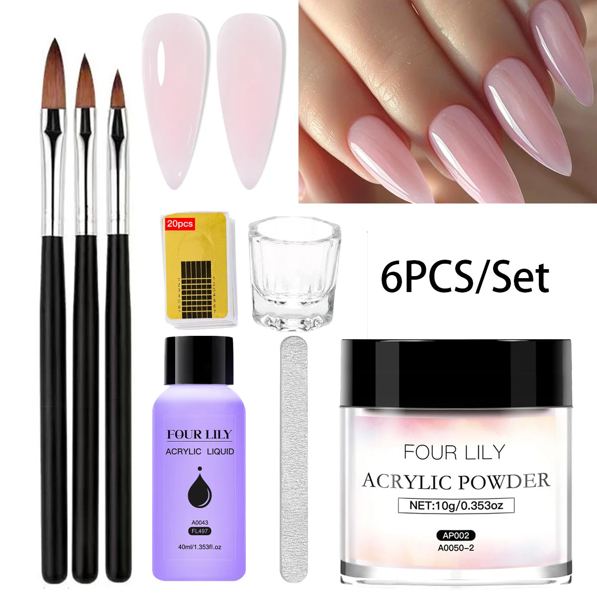 Set Poudre Acrylique 10g + Liquide 40ml avec Pinceau - Rose Blanc Transparent Extension Ongles Sculpture