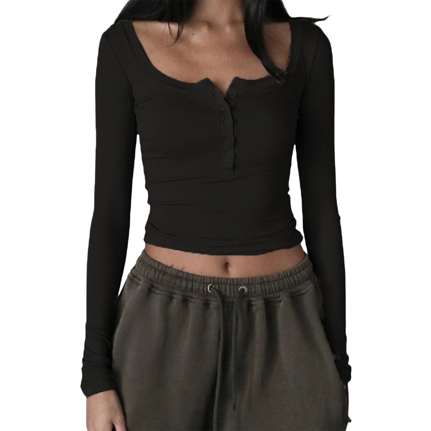 Chemise Femme Tricot Henley Boutons - Crop Top Streetwear