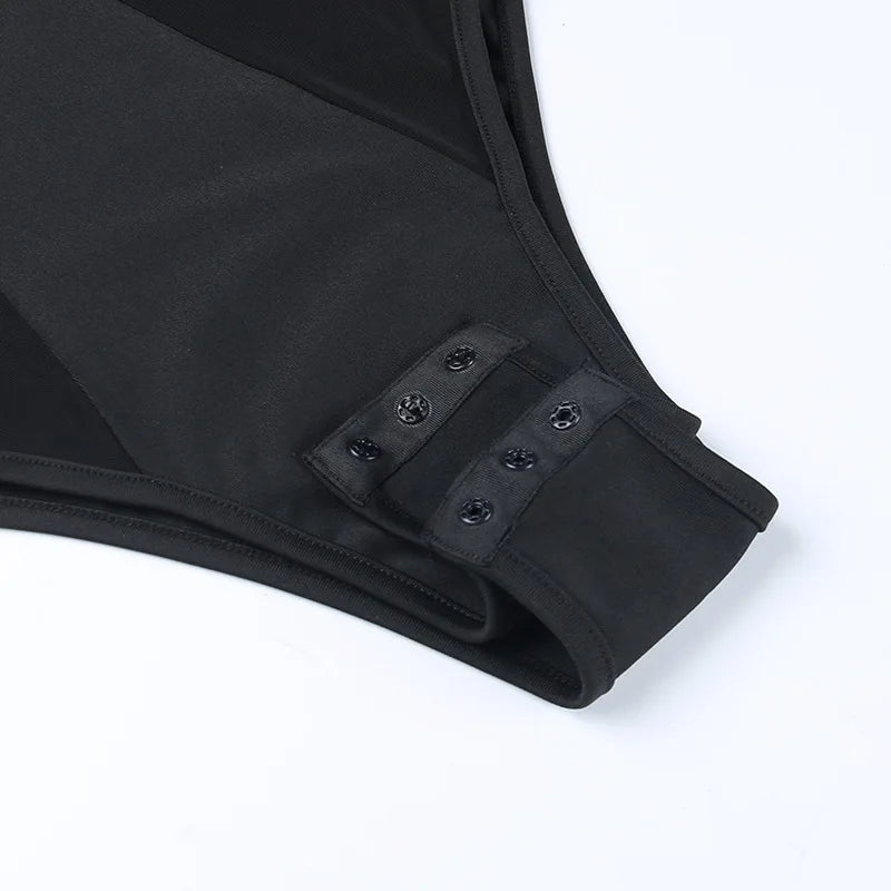 Bodysuit Femme Y2K Grunge Corset Noir - Manches Longues Transparent Sexy