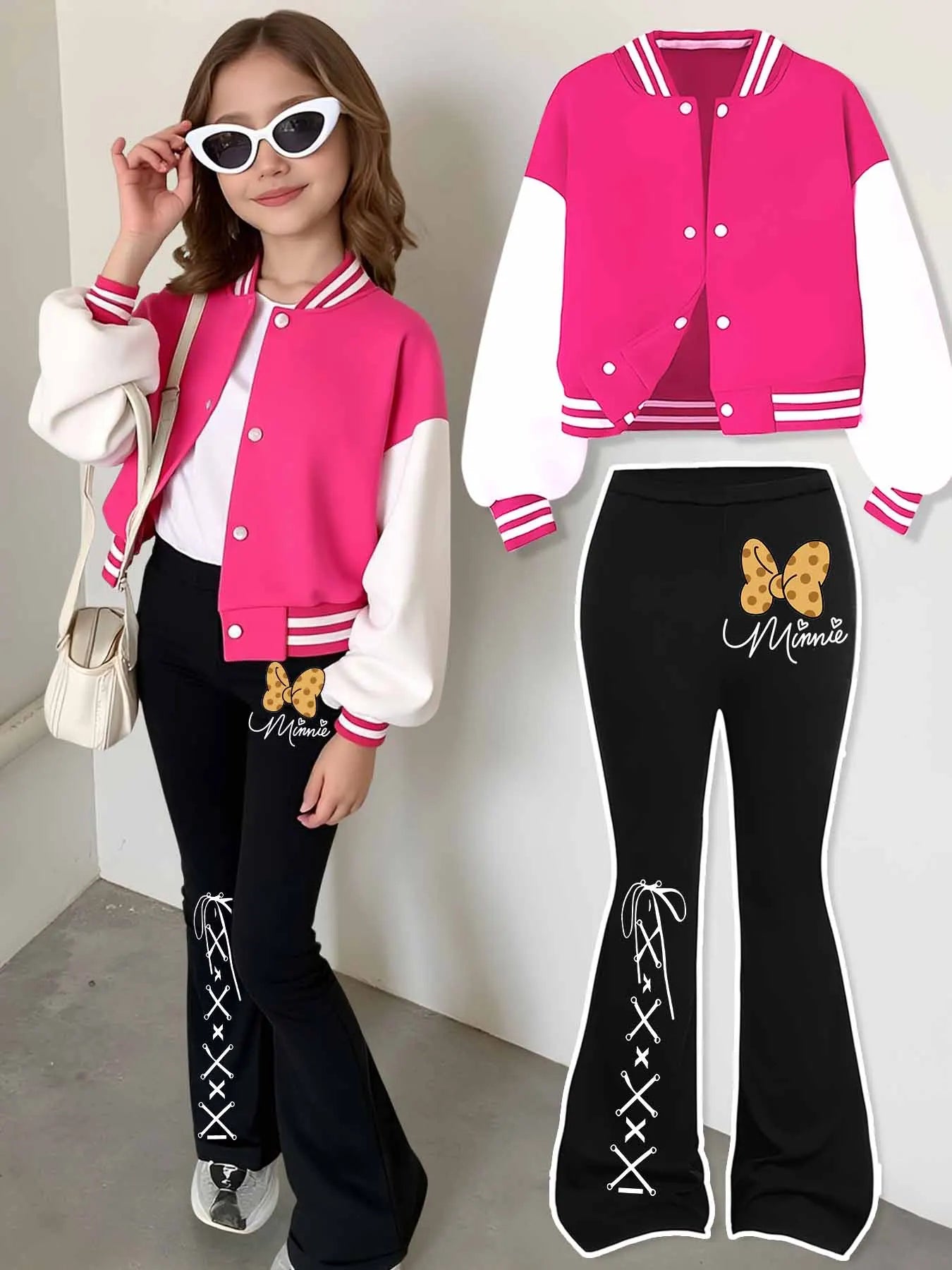 Ensemble 2 Pièces Fille Disney Minnie - Maillot Baseball + Pantalon Évasé - Imprimé Léopard