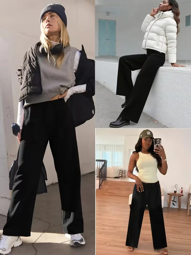 Pantalon Taille Haute Doublé Polaire Femme - Jambes Larges Chaud Élégant Casual