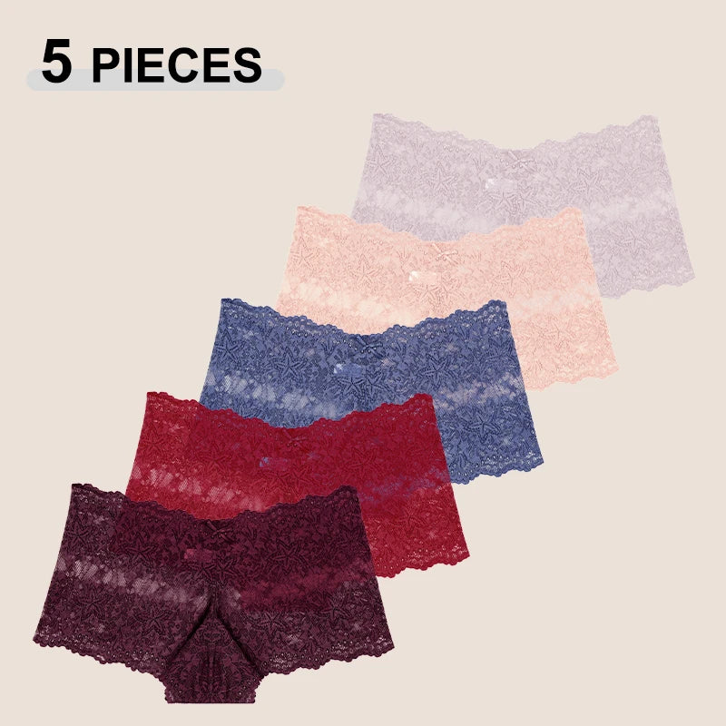Lot de 5 Culottes Femme Dentelle Taille Haute - Shorty Sexy Transparent Motif Étoile