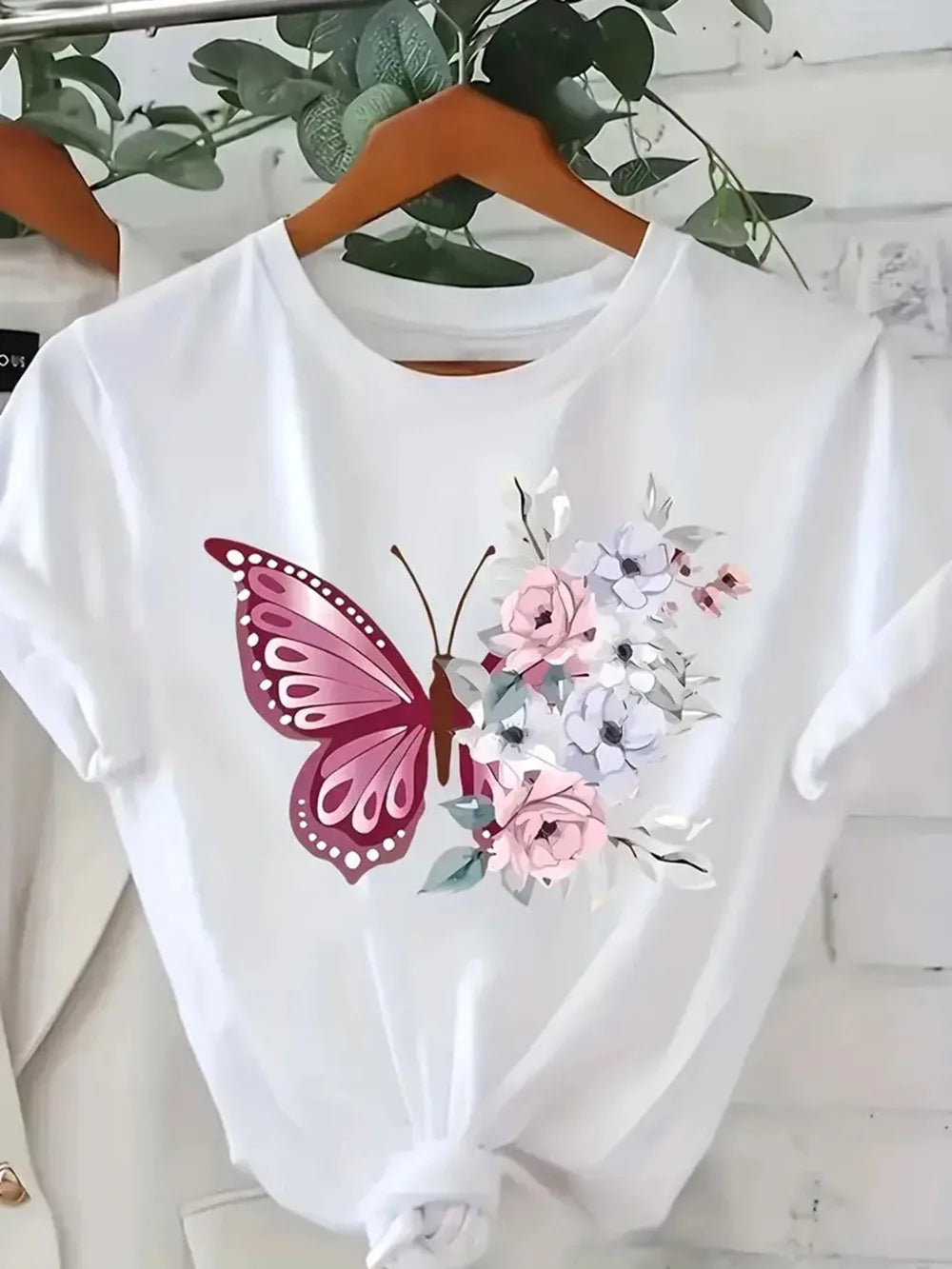 T-Shirt Femme Butterfly Floral Geometric - Col Rond Luxe Simplicité Toutes Saisons