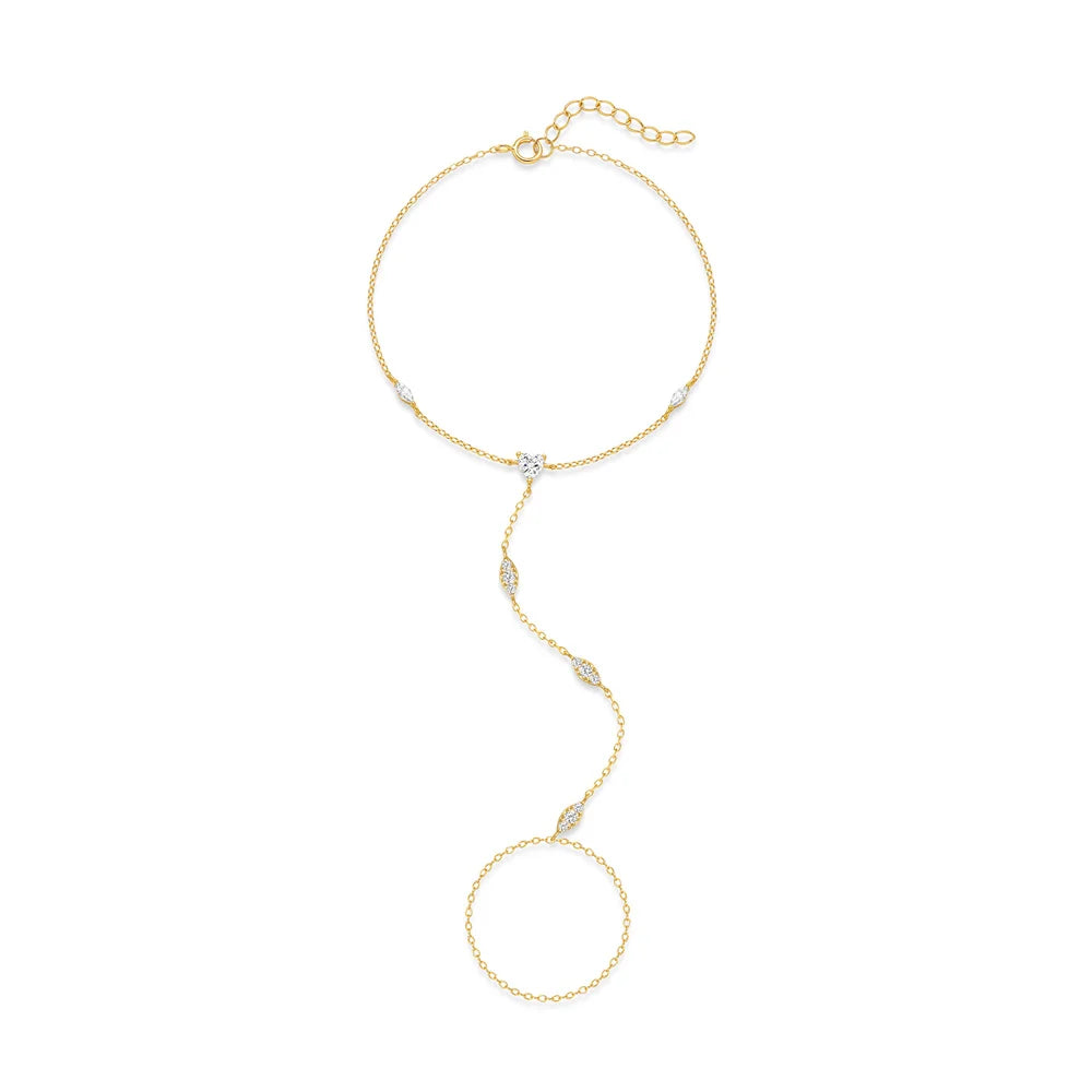 Bracelet Bague Argent 925 Cœur Pétale Zircon - Chaîne Main Femme Minimaliste Scintillant