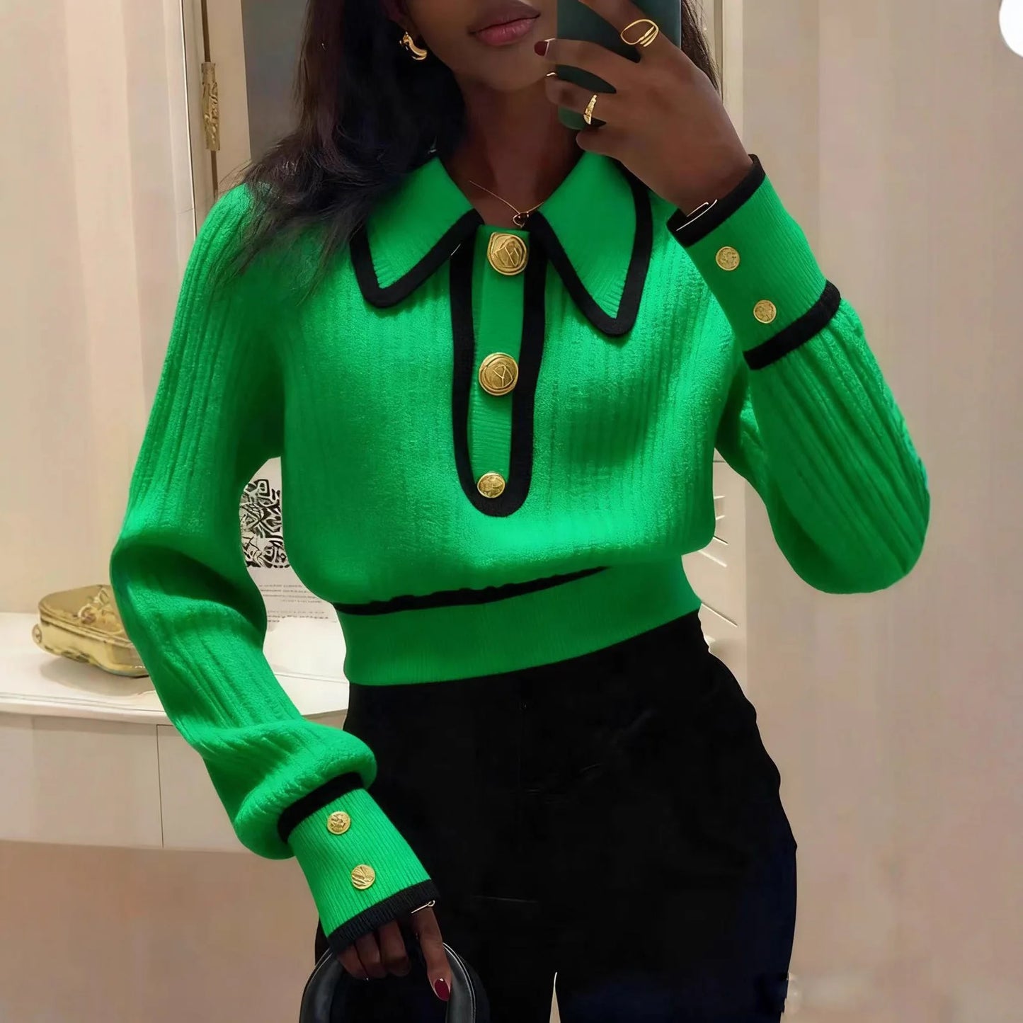 Pull Femme Col Polo Rayé - Sweater Tricoté Manches Longues Élégant Bureau Chaud 2025