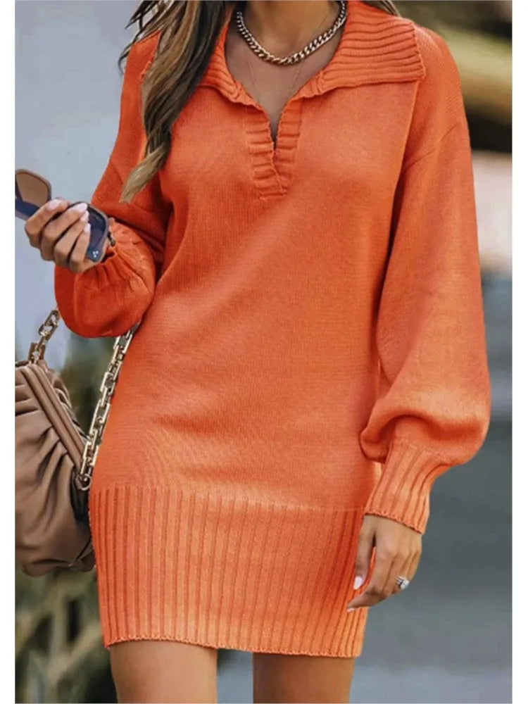 Robe Pull Femme Mi-Longue - Sweater Dress Col Polo Manches Lanterne Tricot Élégant Automne Hiver