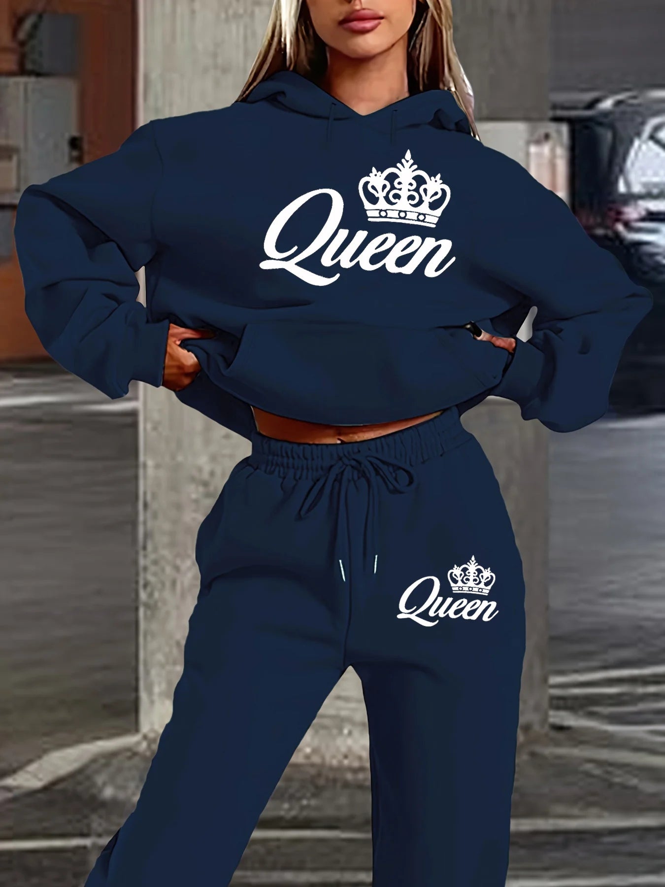 Ensemble Jogging Femme Hip-Hop Queen - Sweat Capuche + Pantalon Sport, Imprimé Lettres Streetwear Automne Hiver