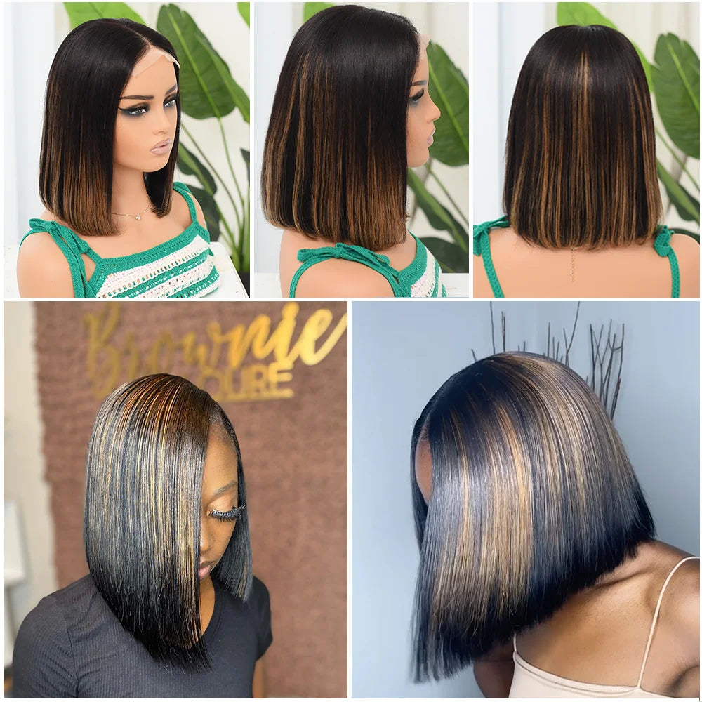 Perruque Bob Highlight Lace Front 13x4 Cheveux Humains - Péruvienne Lisse Courte Closure 4x4 1B/30