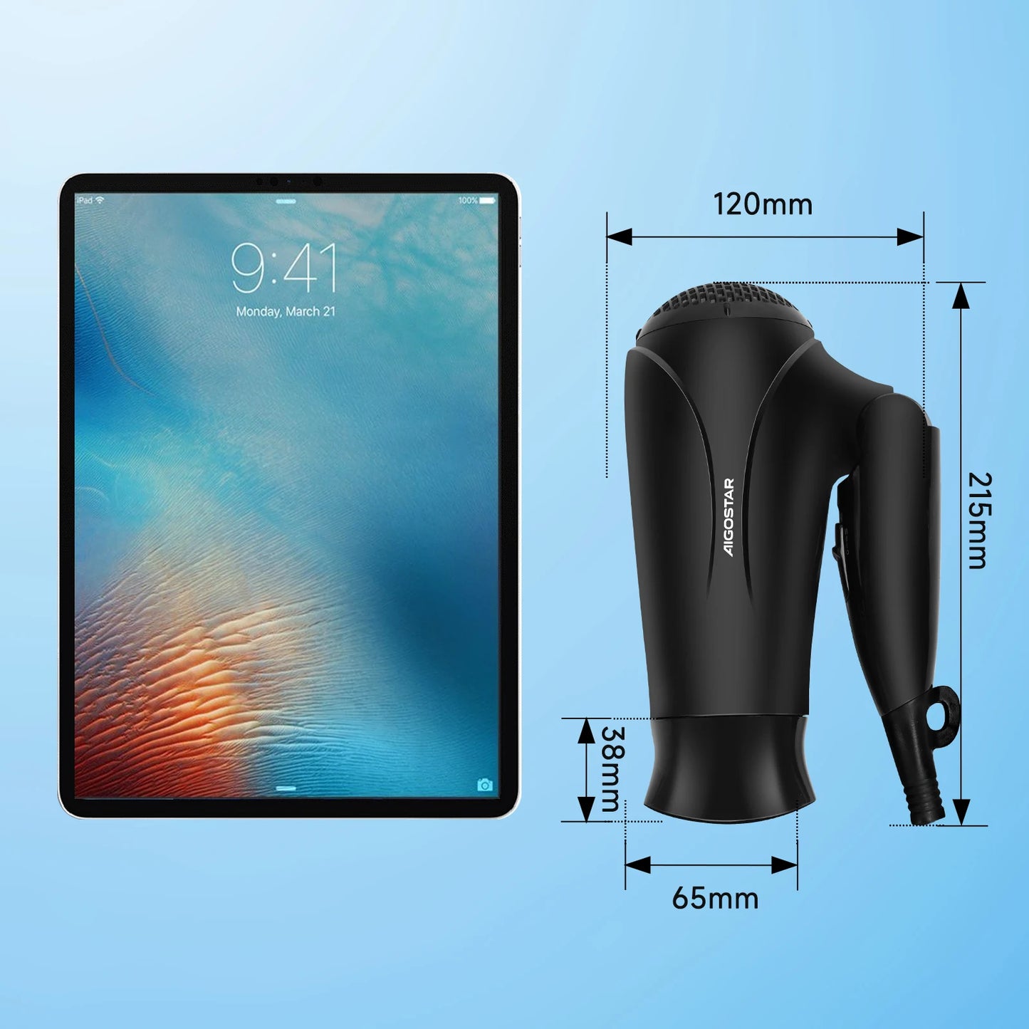 Sèche-Cheveux Ionique Aigostar Voyage - Poignée Pliable 2 Vitesses 3 Températures 2400W Compact Portable