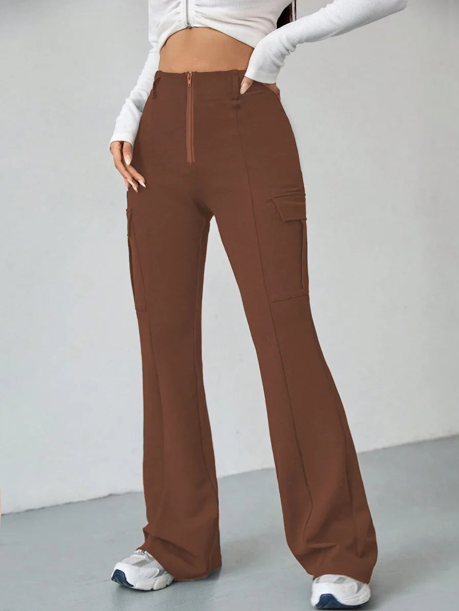Pantalon Femme Taille Haute Doublé Polaire - Flare Automne Hiver Poches Zippées