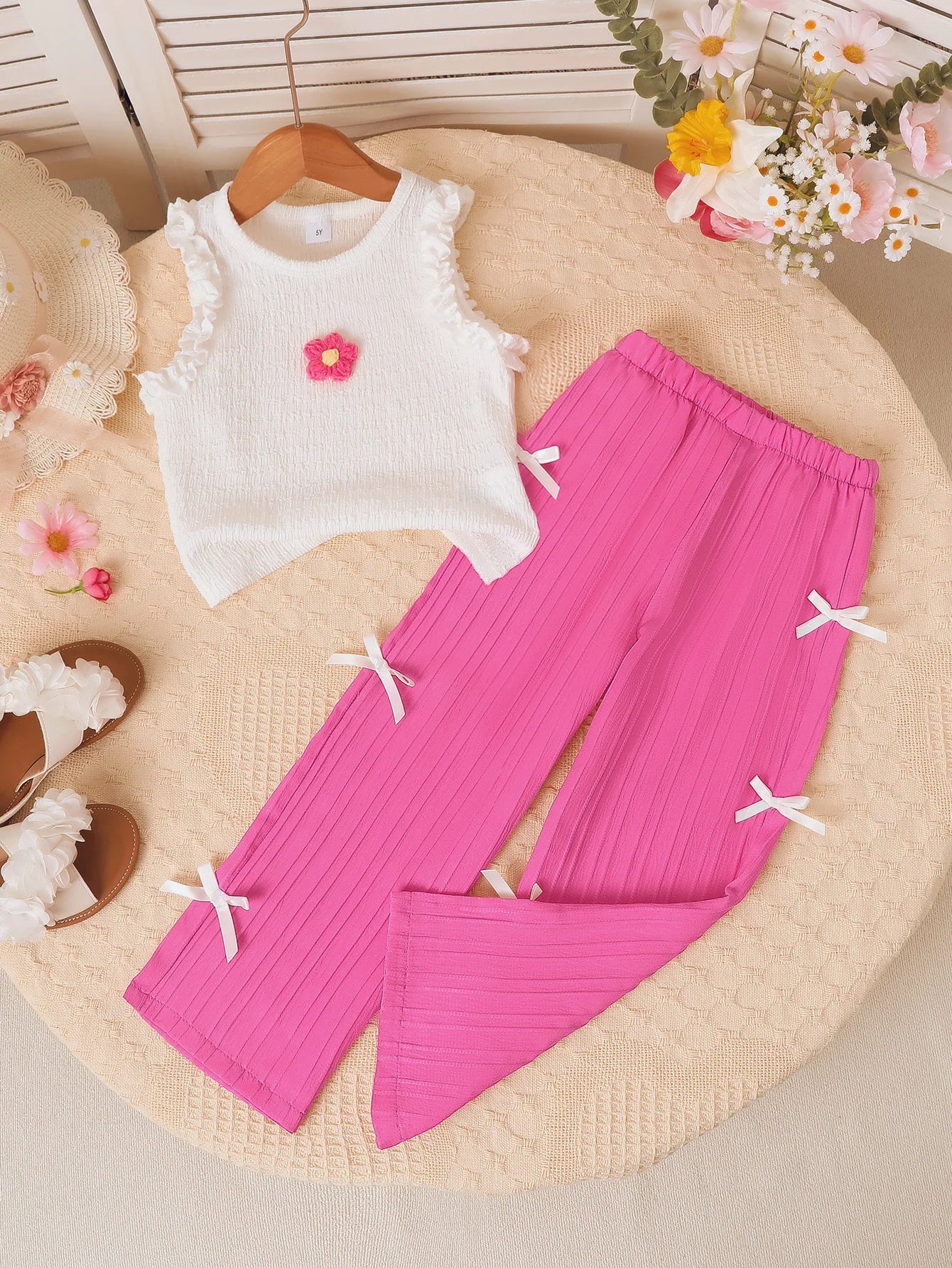 Ensemble 2 pièces fille été - Top broderie fleurs + Pantalon noeud