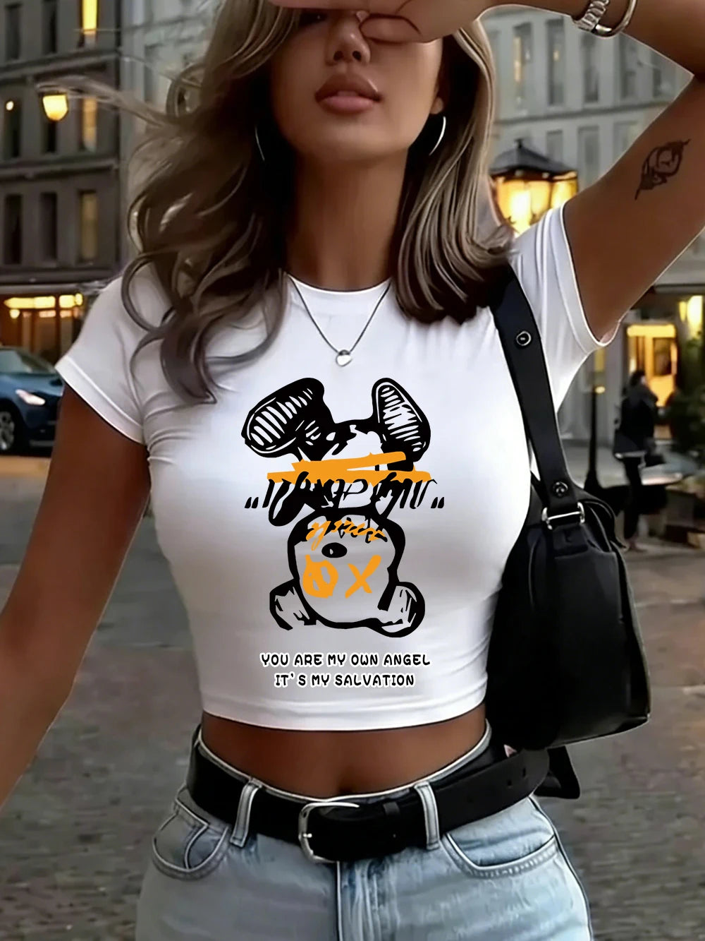 Top Crop Femme You Are My Angel Cartoon Bear - T-Shirt Doux Slim Col Rond Été