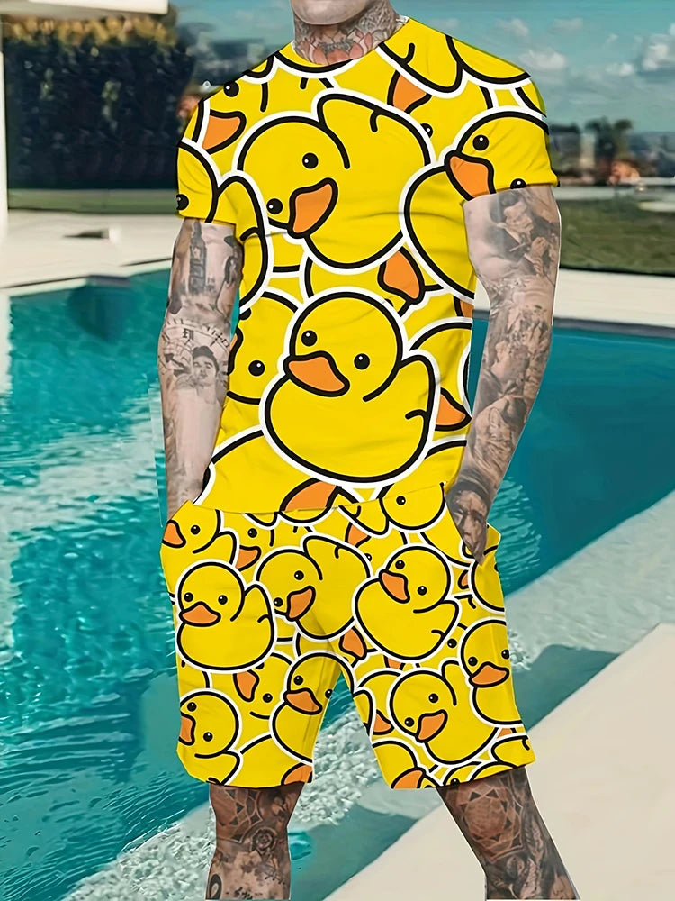 Ensemble Homme 2 Pièces Imprimé Hawaïen - T-Shirt Manches Courtes & Short de Plage