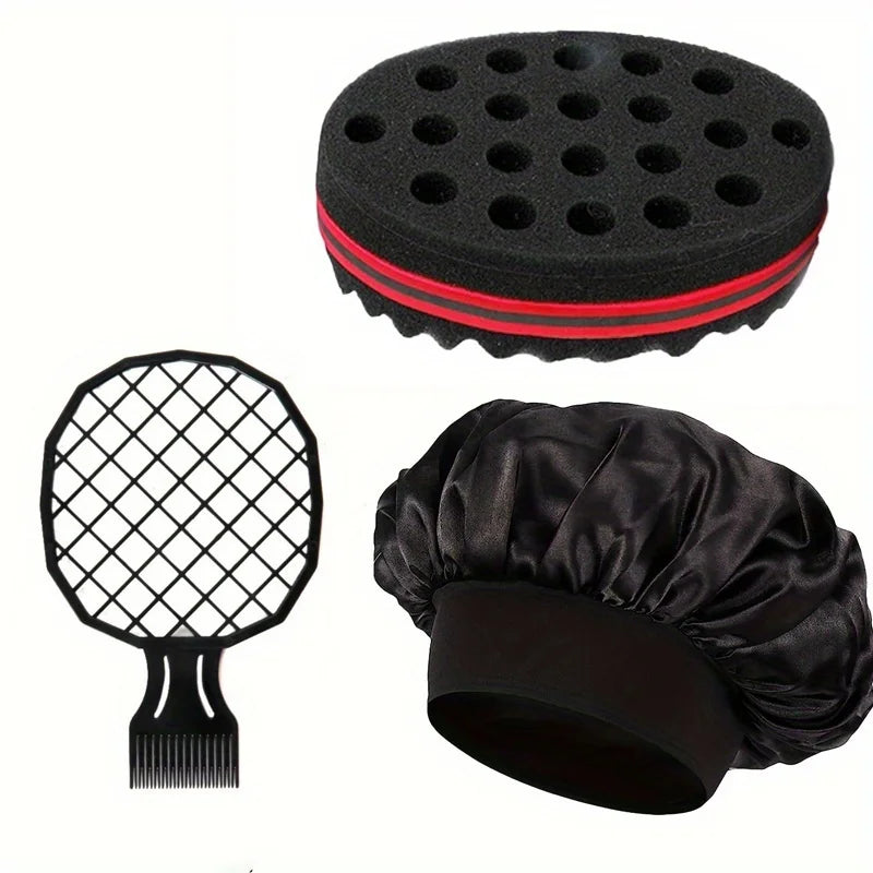 Set 3pcs Accessoires Cheveux Bouclés - Brosse Mousse Sculptante Peigne Démêlant Aiguilles Acier Bonnet Nuit Satin