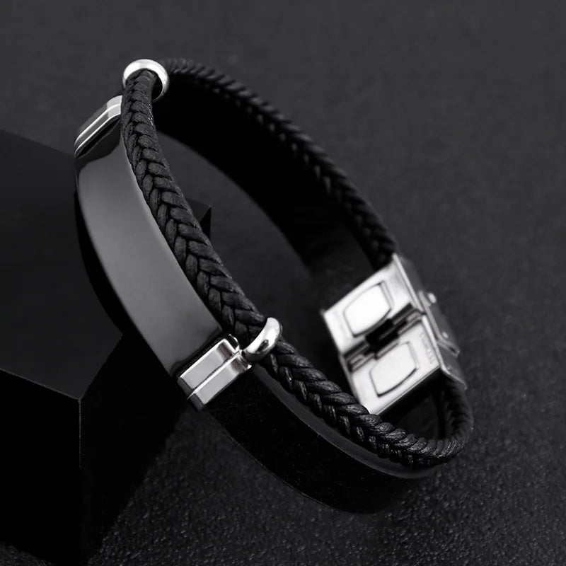 Bracelet Homme Cuir Tressé Gravure Personnalisée - Acier Inoxydable Bicolore