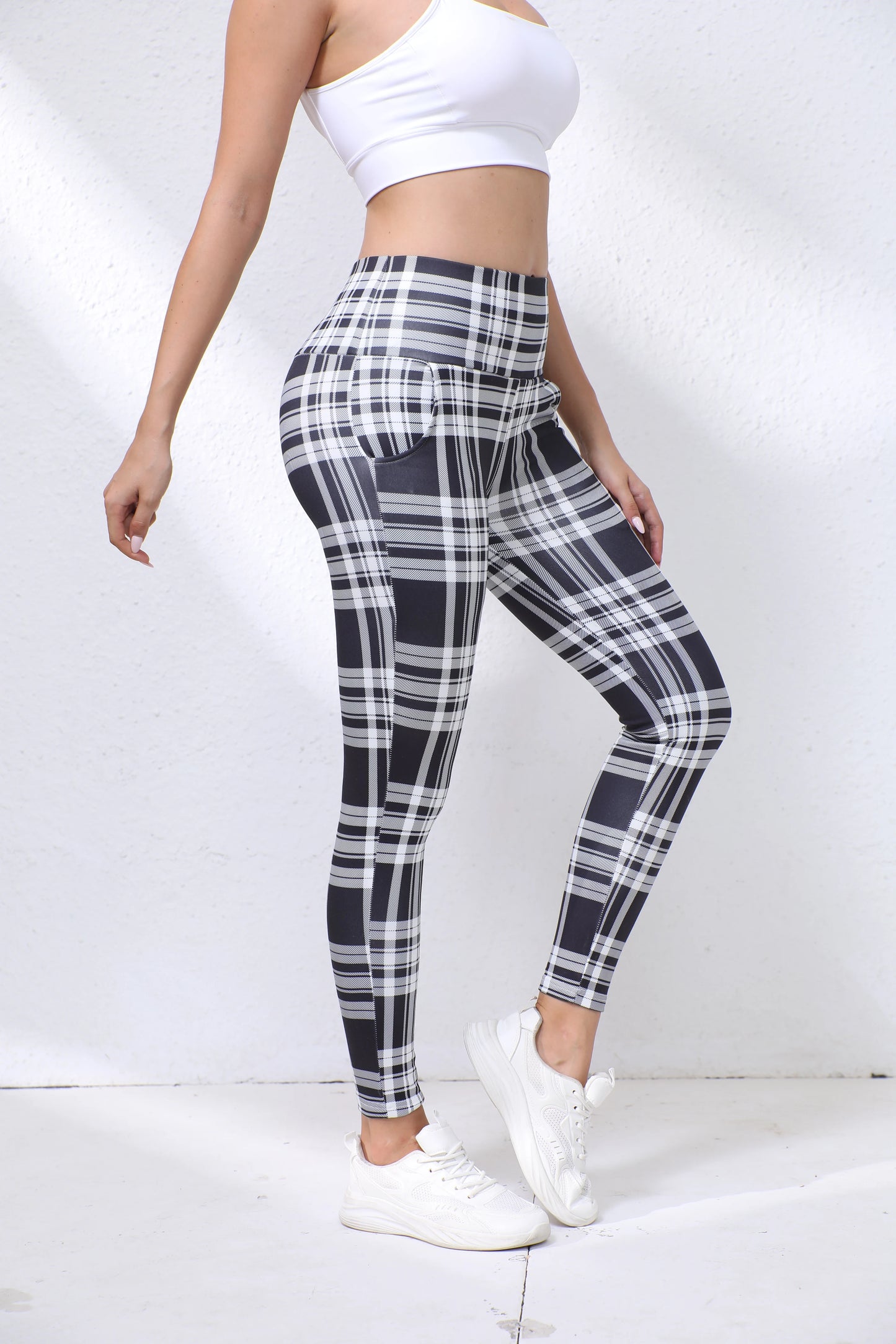 Pantalon Yoga Femme Doublé Polaire - Carreaux Noir Blanc