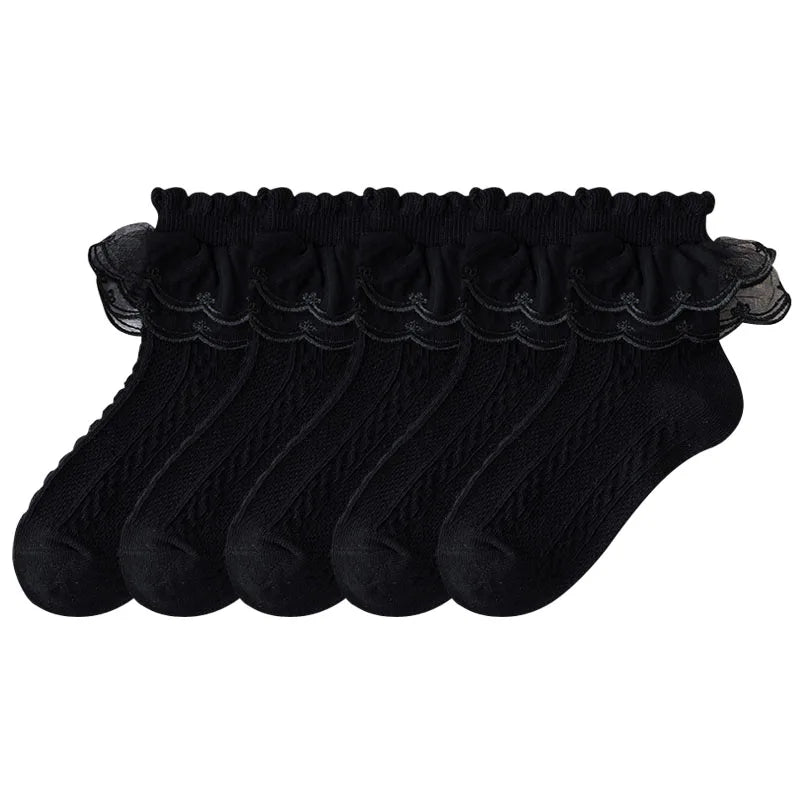 Lot de 5 Paires Chaussettes Fille Dentelle - Volants Princesse Coton Respirant