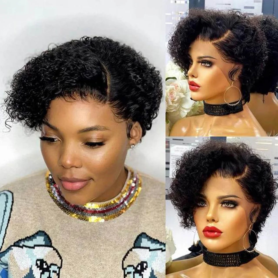 Perruque Cheveux Humains Bob Pixie Cut Bouclée - Lace Front 13x5x1 Péruvienne Deep Wave Femme