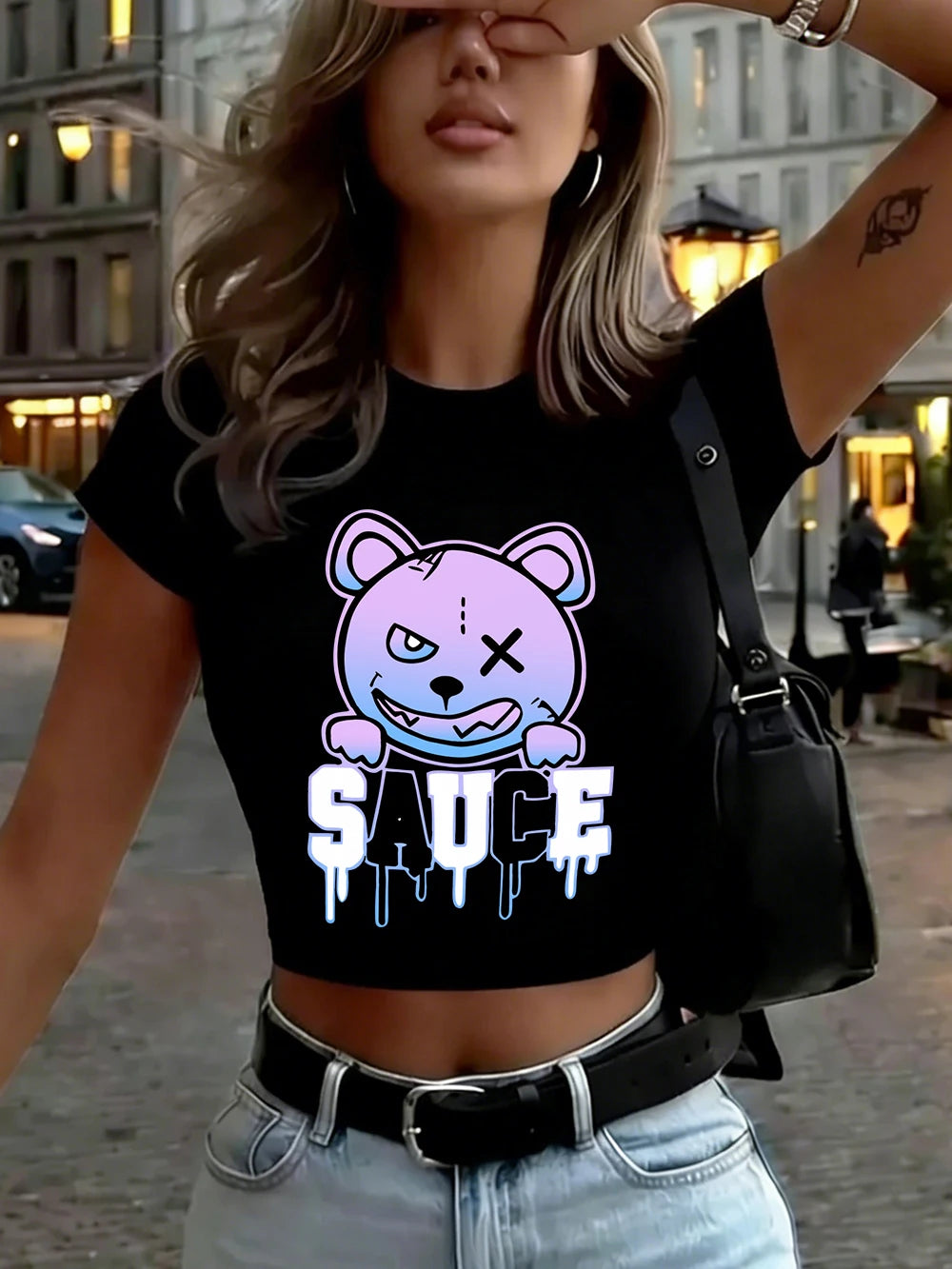 Top Crop Femme Melted Colored Cartoon Bear - T-Shirt Doux Slim Col Rond Été