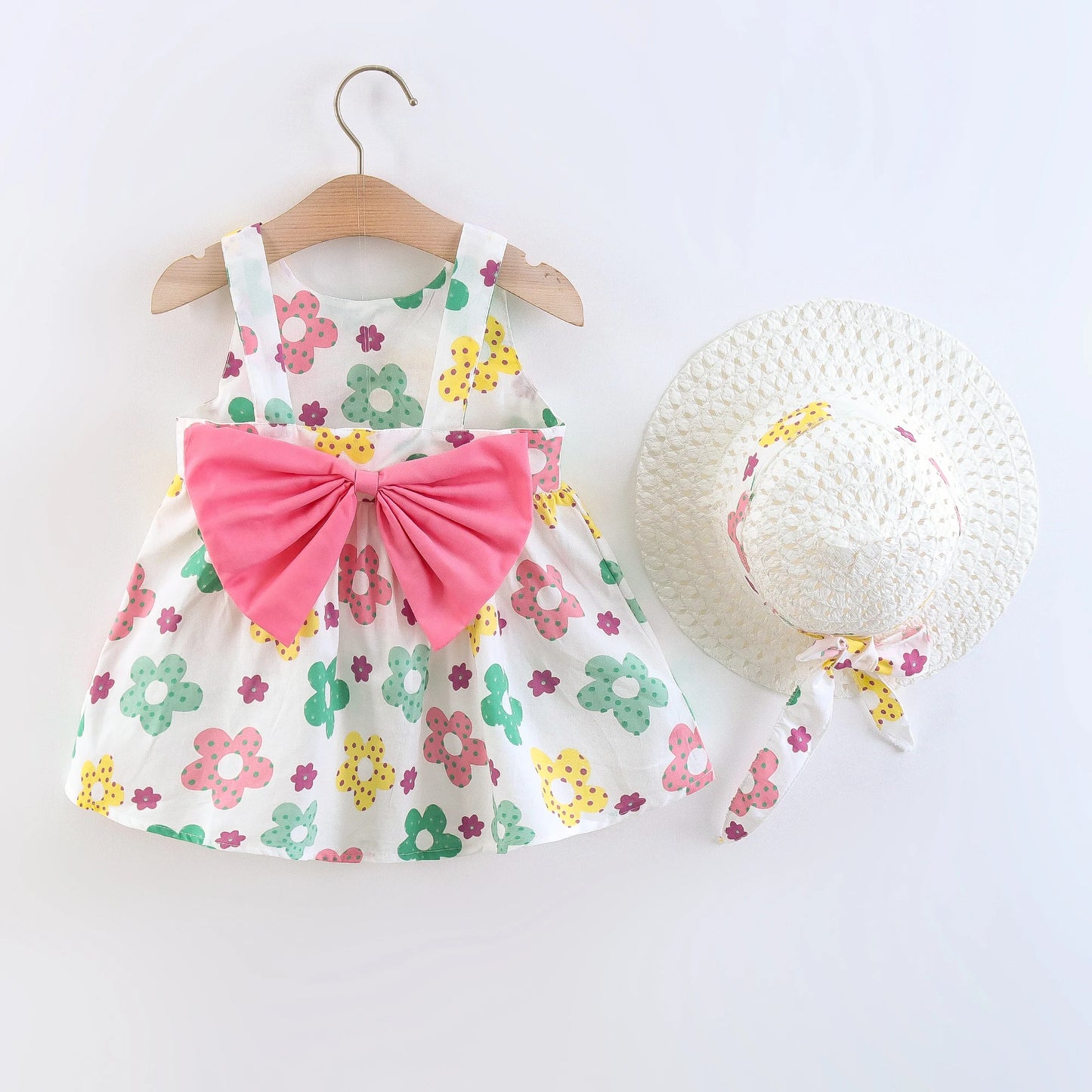 Ensemble Bébé Fille Été - Robe Princesse Florale + Chapeau Nœud 2 Pièces 3-6 Mois