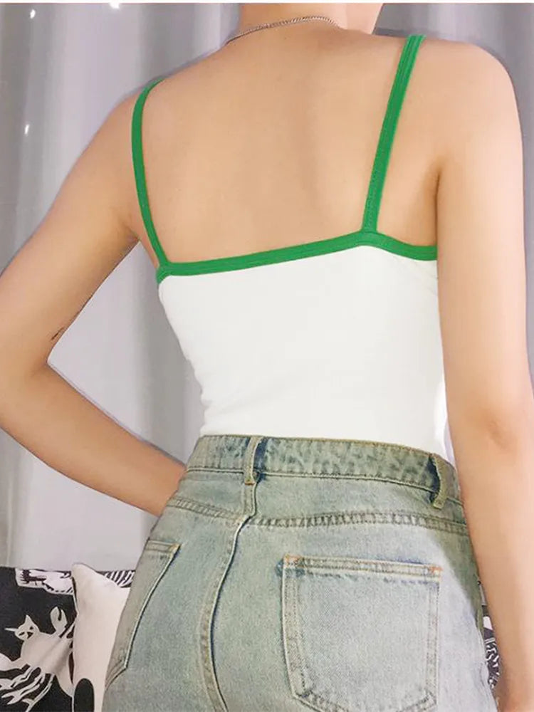 Body Femme Coton Blanc Bretelles Col V - Broderie Lettre Sexy Slim Fit