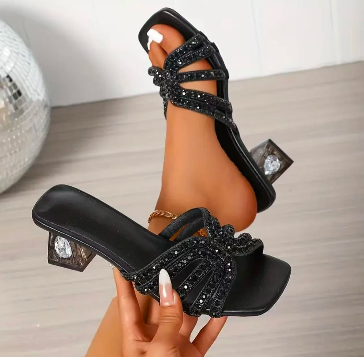 Sandales Femme Strass Talons Hauts - Bout Carré Open Toe Plage