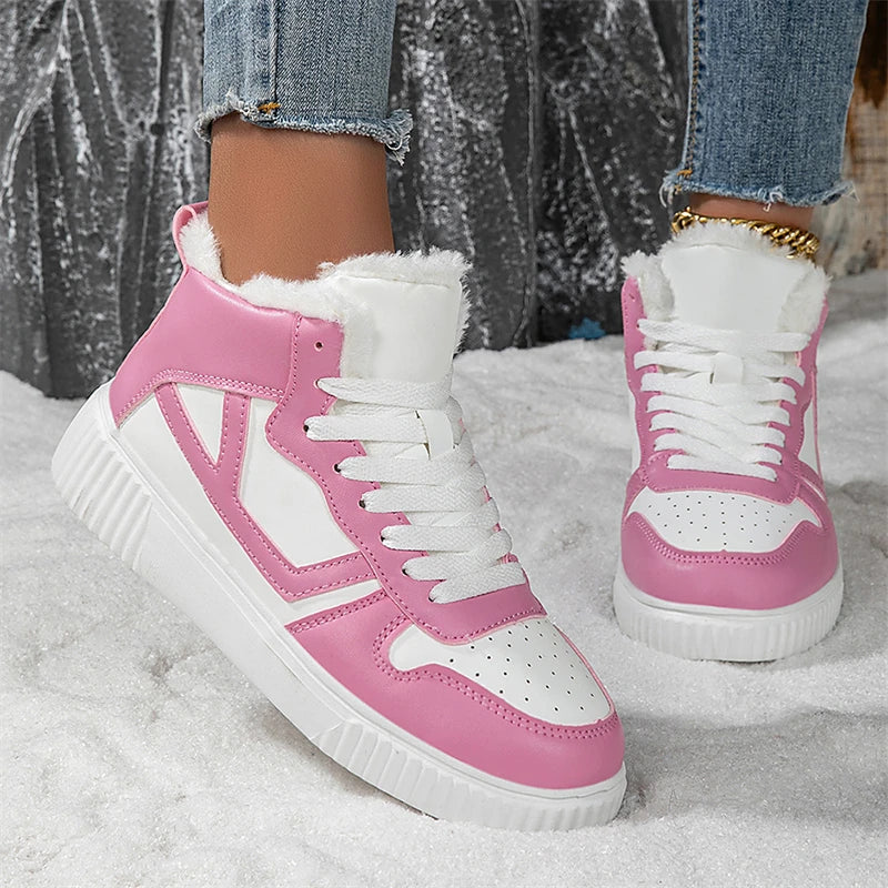 Baskets Montantes Femme Fourrées Hiver - Sneakers Chaudes Velours Rose