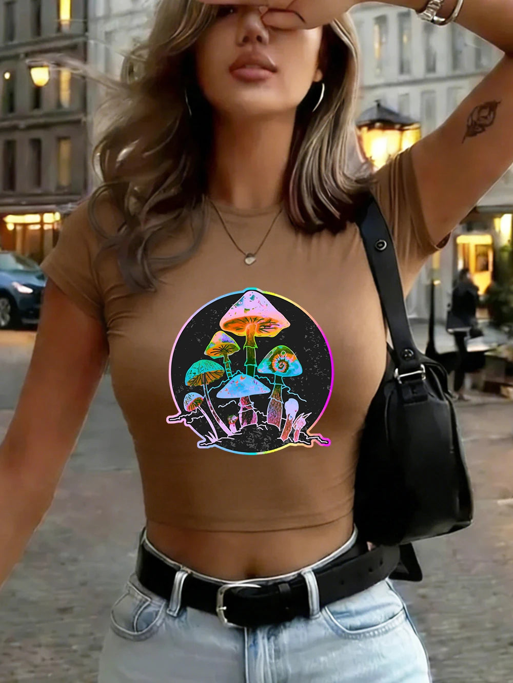 Top Crop Femme Garden Of Shrooms - T-Shirt Doux Slim Col Rond Été