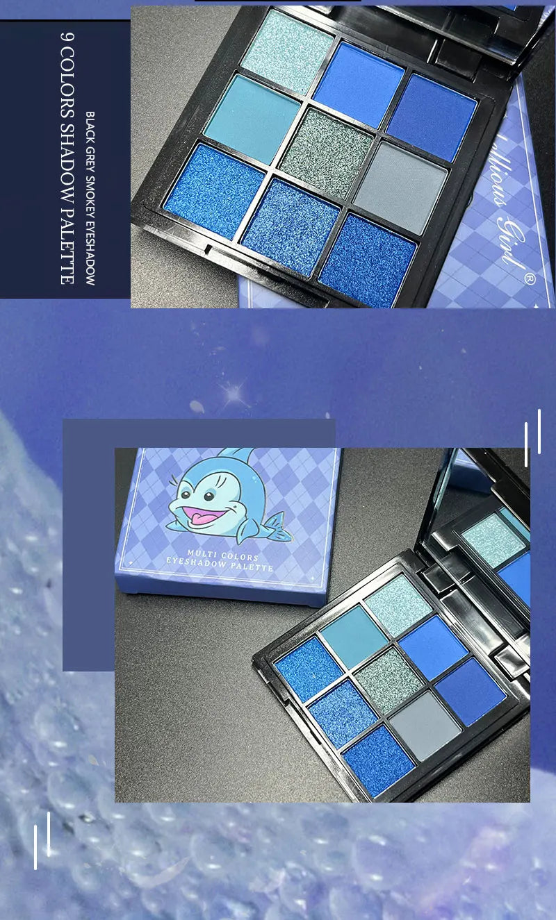 Palette Fard à Paupières Bleu Luxe 9 Couleurs - Mat Velours et Paillettes Waterproof Smoky Eyes Longue Tenue