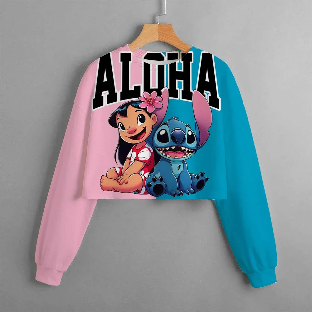 Sweat à Capuche Court Enfant Stitch Disney - Pull Crop Tie-Dye Col Rond Fille Tendance