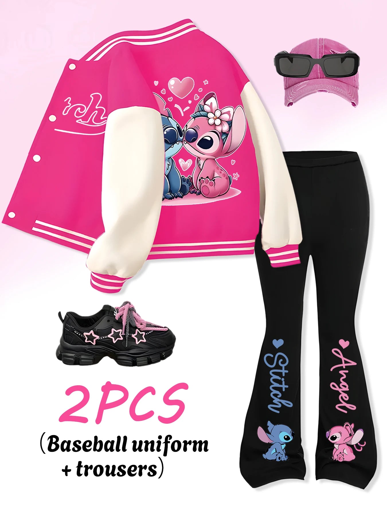 Ensemble 2 Pièces Enfant Disney Stitch - Maillot Baseball + Pantalon Évasé - Motif Cœur