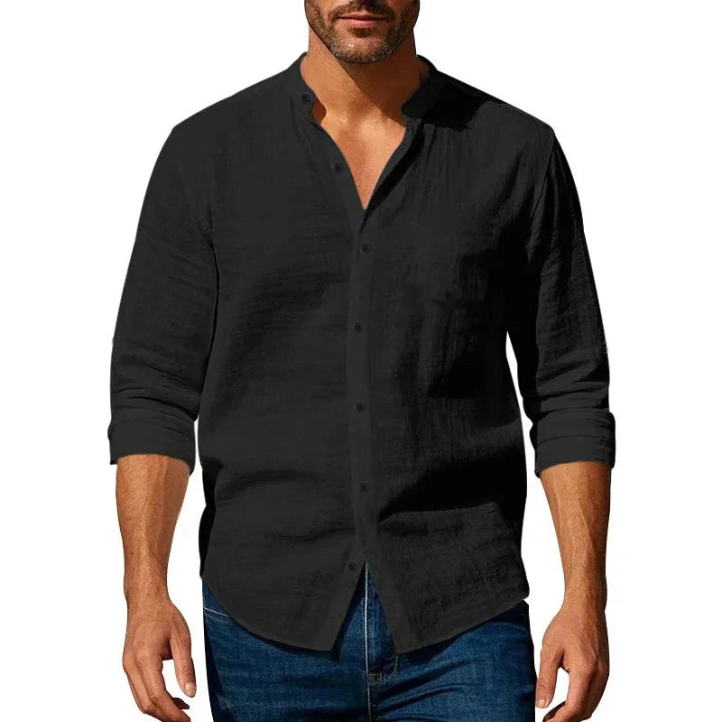 Chemise Homme Coton Lin Henley - Respirante Slim Fit Manches Longues