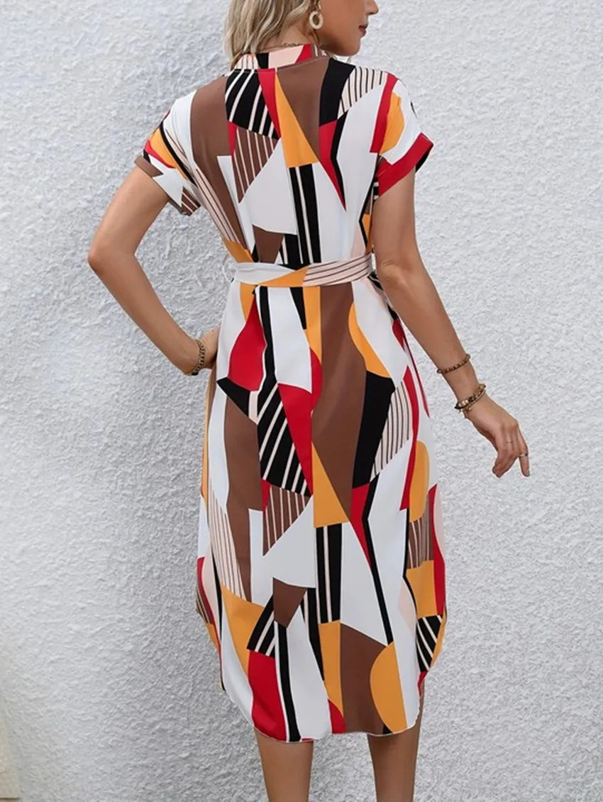 Robe Été Imprimée Manches Chauve-Souris Ceinture - Élégante Fashion Pleine Largeur Femme