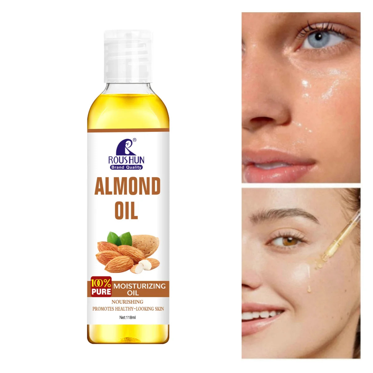 Huile Corps Amande Douce 118ml ROUSHUN - Hydratation Multi-Usages Visage Corps Mains Lèvres Yeux, Format Généreux
