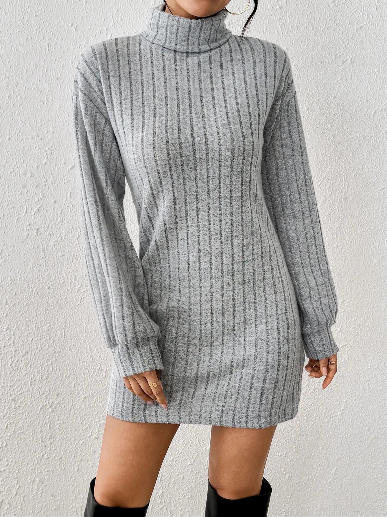 Robe Côtelée Col Montant Femme - Épaules Tombantes Élégante pour Bureau