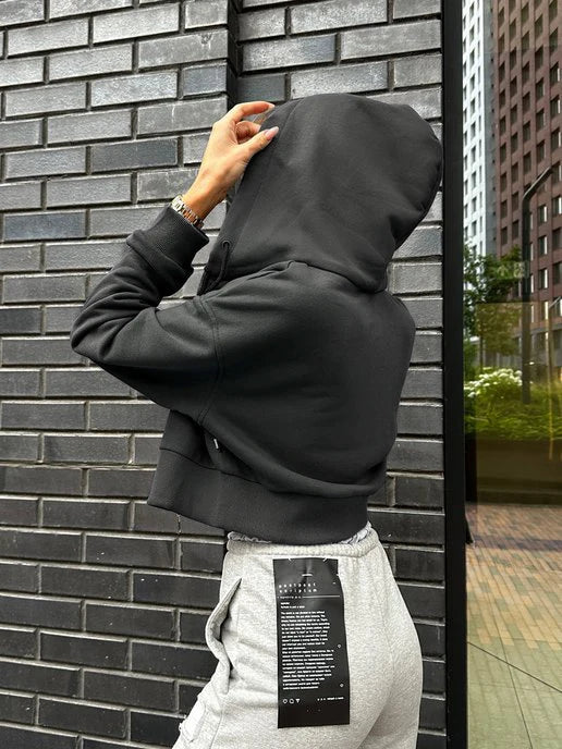 Hoodie Zippé Femme Épaules Tombantes - Sweat à Capuche Court Casual