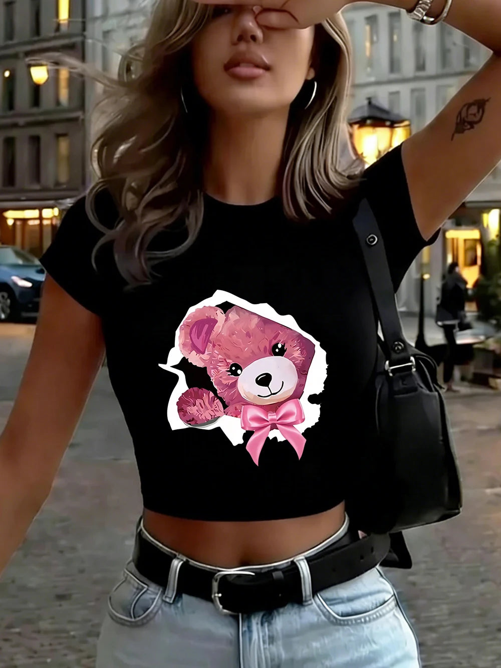 Top Crop Femme Pink Bow Broken Shell Bear - T-Shirt Doux Slim Col Rond Été