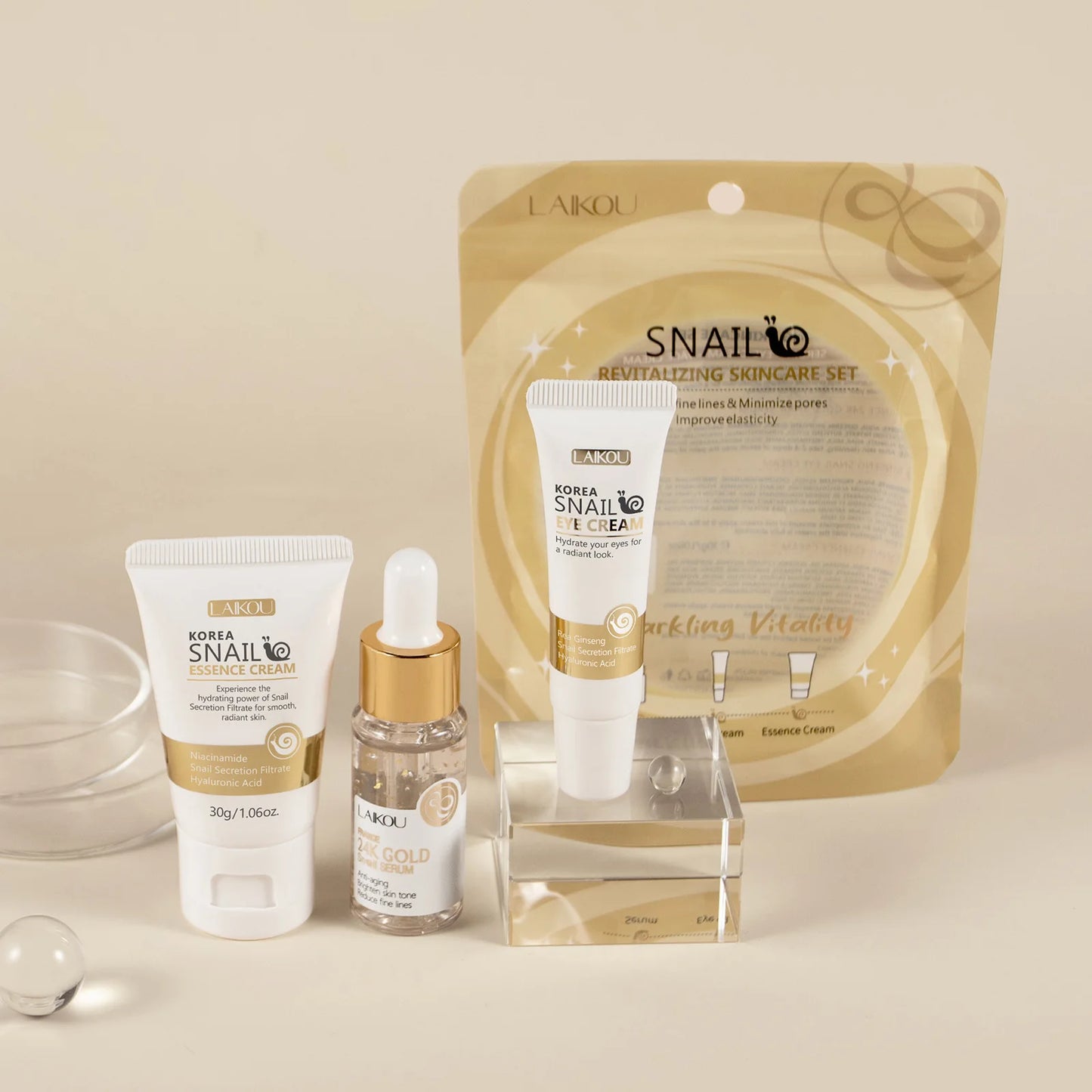 Set Luxe Sérum Or 24K Bave d'Escargot - Crème Yeux Essence Réparation Hydratant Anti-Rides Pores Lissant Soin Visage