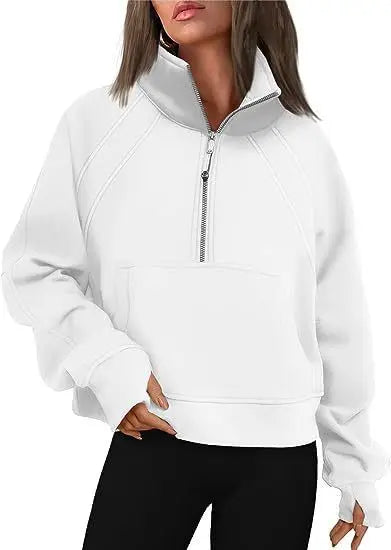 Sweat Femme Col Montant Demi-Zip - Hoodie Poche Manches Longues Loose Sportswear Streetwear Printemps Automne