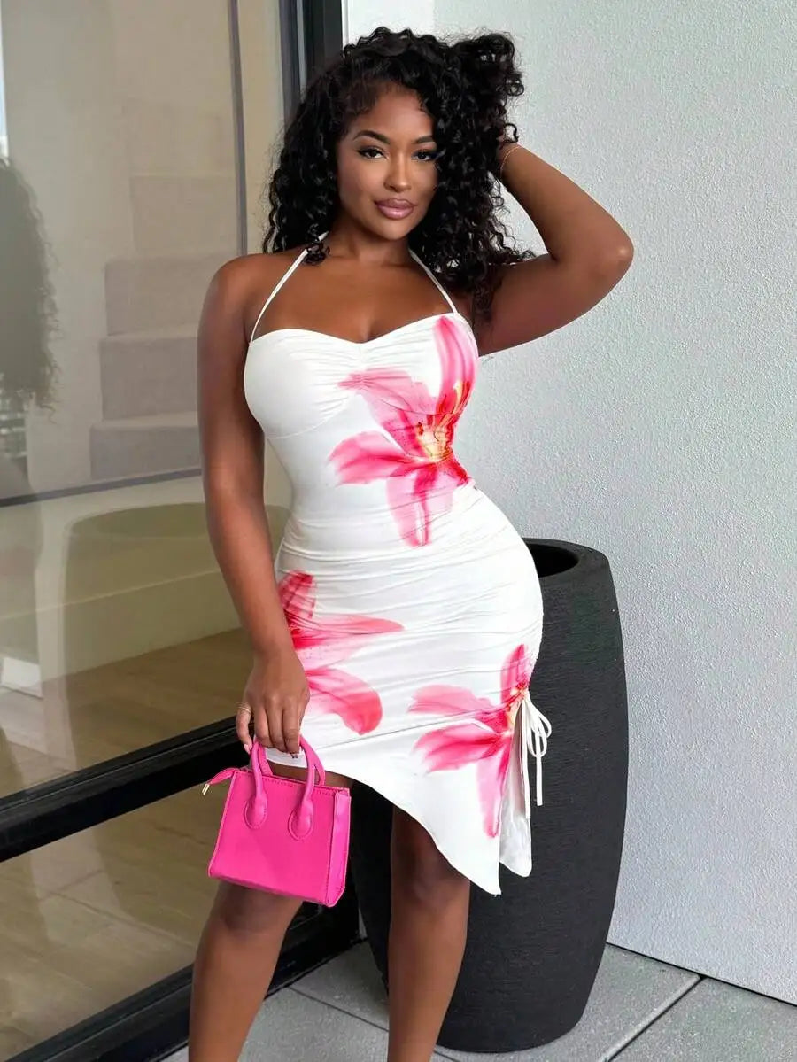 Robe Resort Blanche Imprimé Floral Rose - Ourlet Asymétrique Dos Ouvert Nœud Moulante